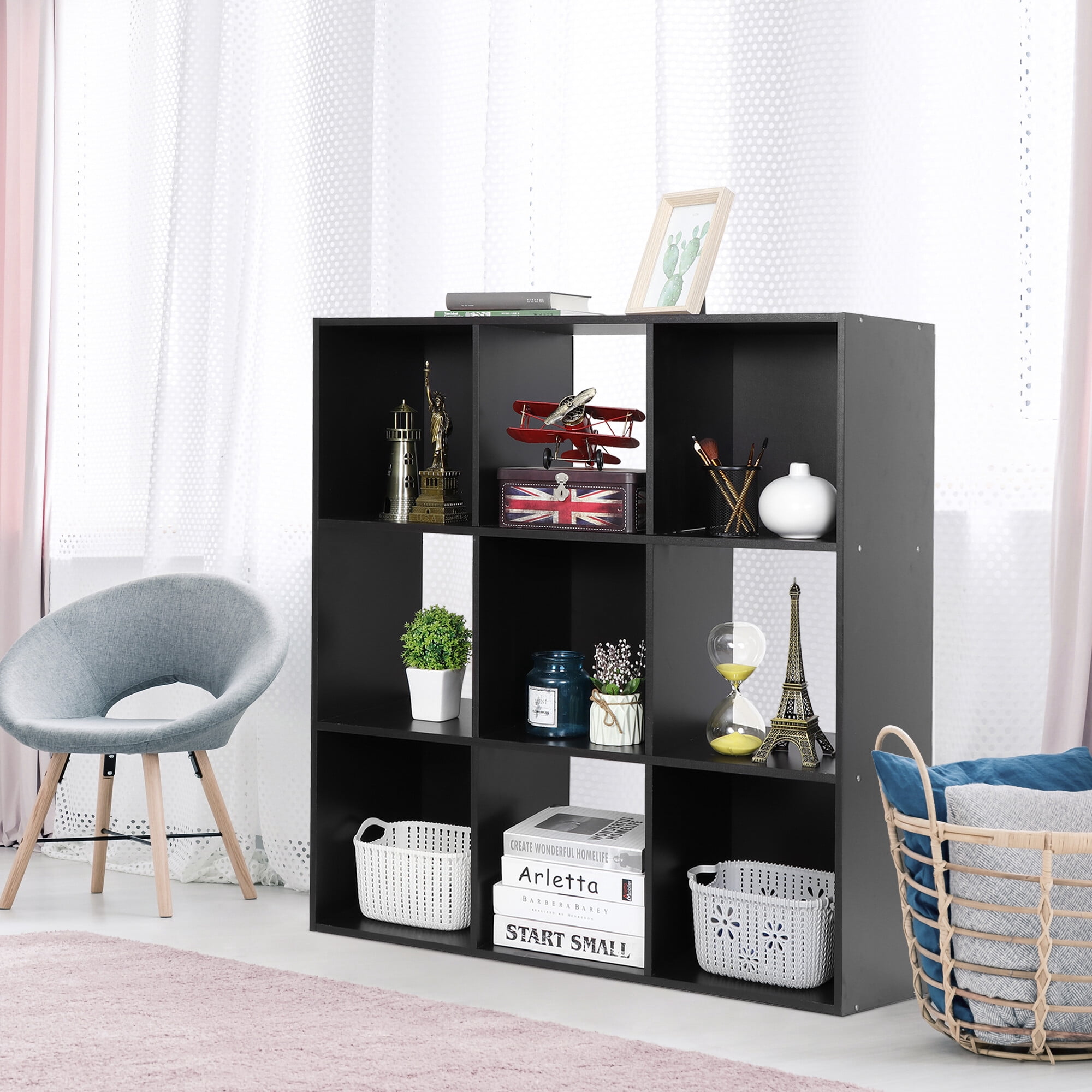ZenSports 9 Cube MDF Bookcase 3-Shelf Wooden Storage Organizer Black