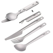 Angle View: Lixada 4-in-1 Titanium Flatware Cutlery Set Lightweight Dinner Spoon Fork Cutter with Multifunctional Storage Holder Bottle Opener for Camping Hiking Backpacking Picnic