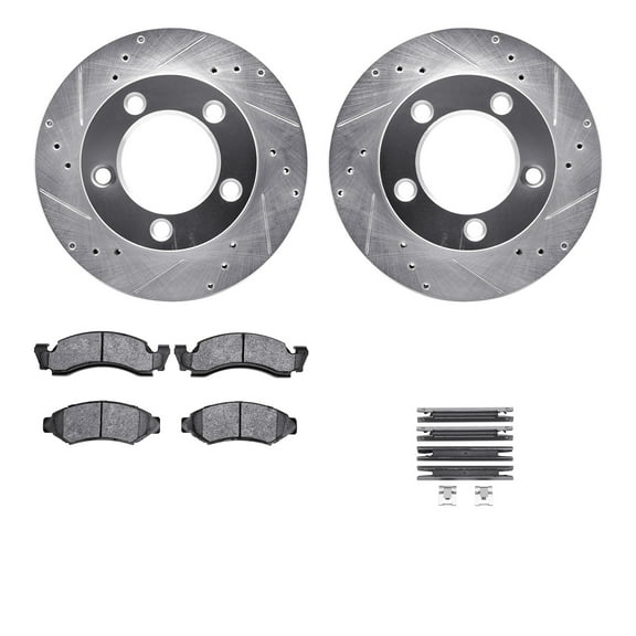 Dynamic Friction Company Front Brake Rotors-Drilled and Slotted-Silver with 5000 Advanced Brake Pads includes Hardware 7512-54051