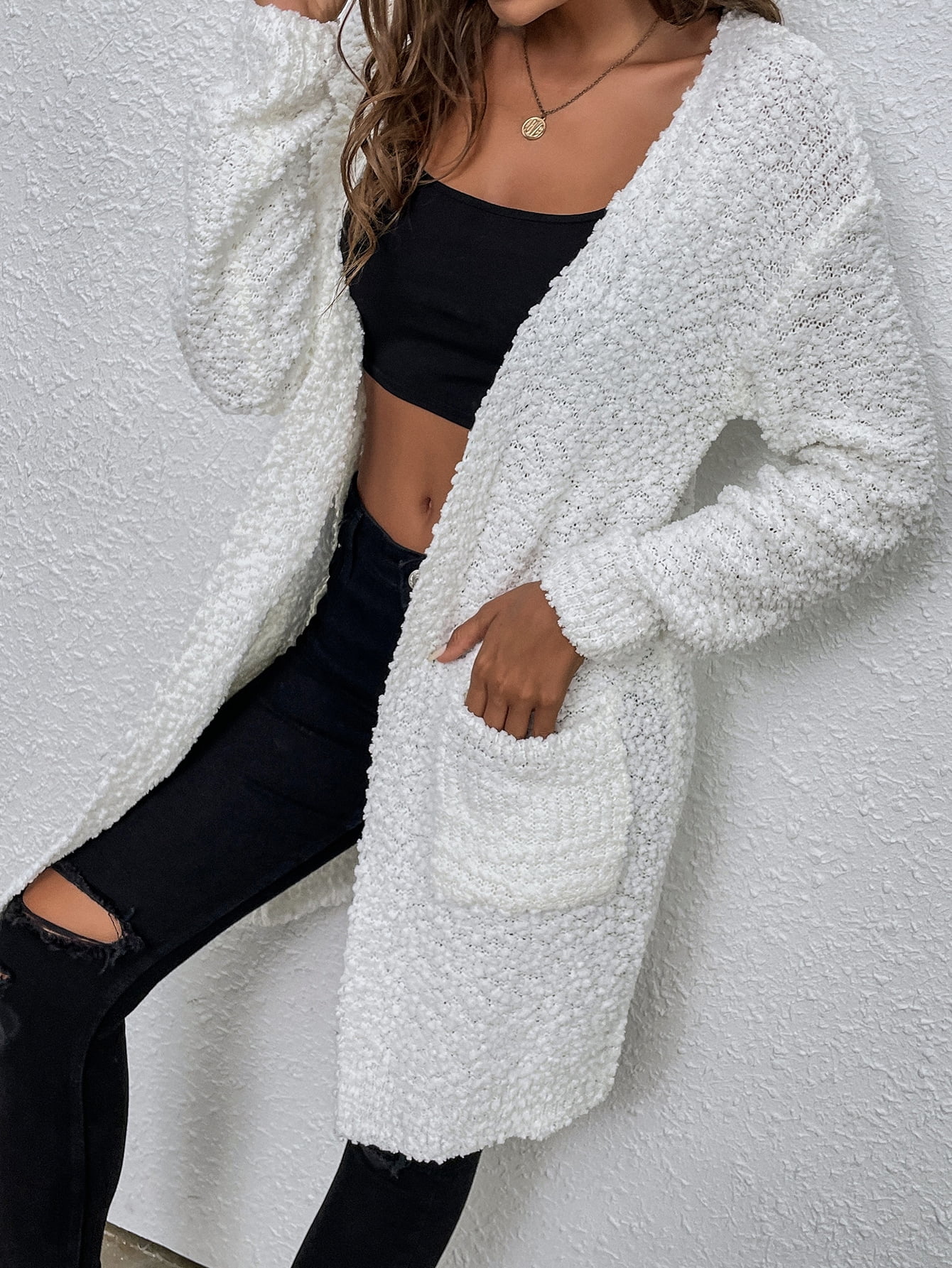 White Popcorn Knit Drop Shoulder Open 
