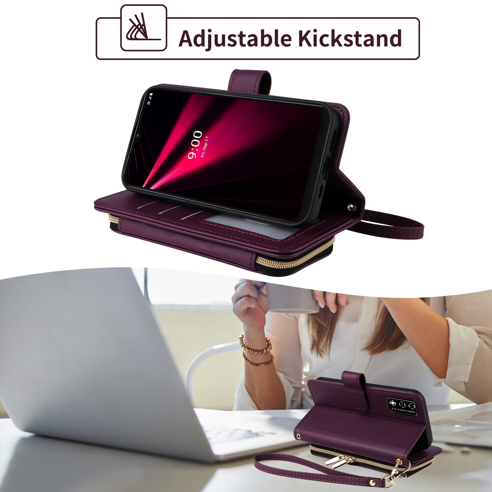 Furiet Argyle Wallet Case for T-Mobile Revvl V 4G with Wrist/Shoulder Strap, Card Slots Flip Zipper Purse Stand Cell Phone Cover for Tmobile T Mobile TMRVL4G LTE 2021 6.52" Women Girls Deep Purple