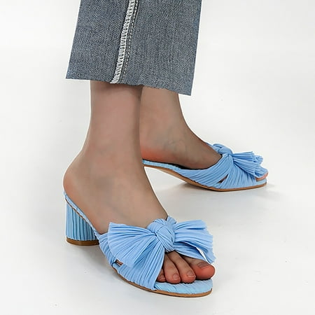 

XIAQUJ Women s Summer Thick Heel Satin Bow Round Head Strapless Sandals Sandals for Women Blue 7(38)