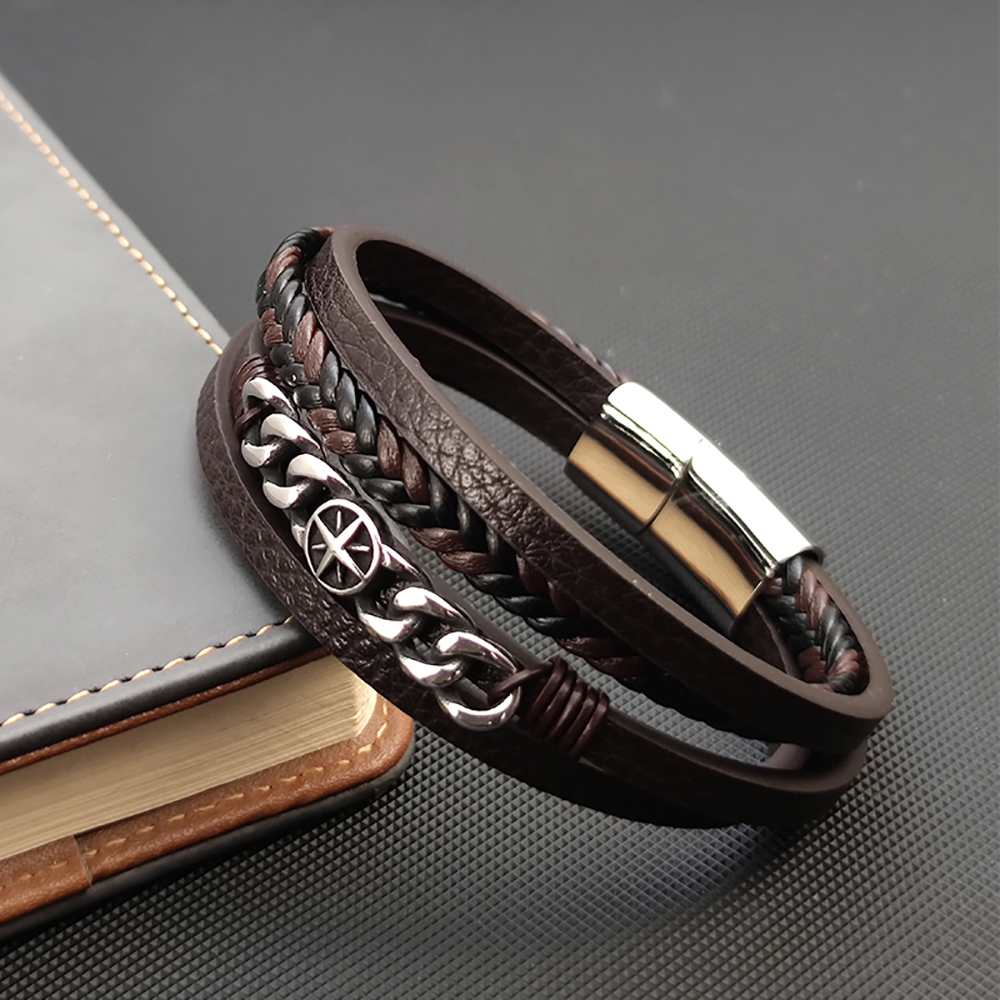 YIFSIY Brown Mutil-layer Braided Leather Bracelet with Six Pointed Star Stainless Steel Cuff Bracelet for Men Women