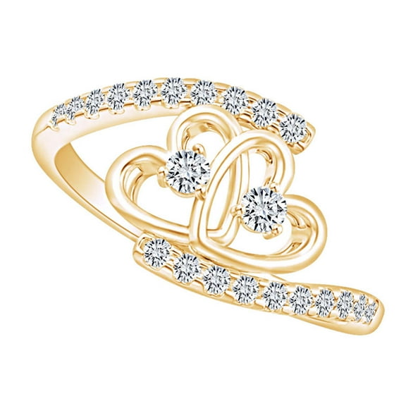 AFFY 1/3 Carat CT Round White Natural Diamond Double Heart Bypass Promise Ring 10k Solid Yellow Gold (I-J Color, I2-I3 Clarity, 0.33 Cttw) Ring Size-5