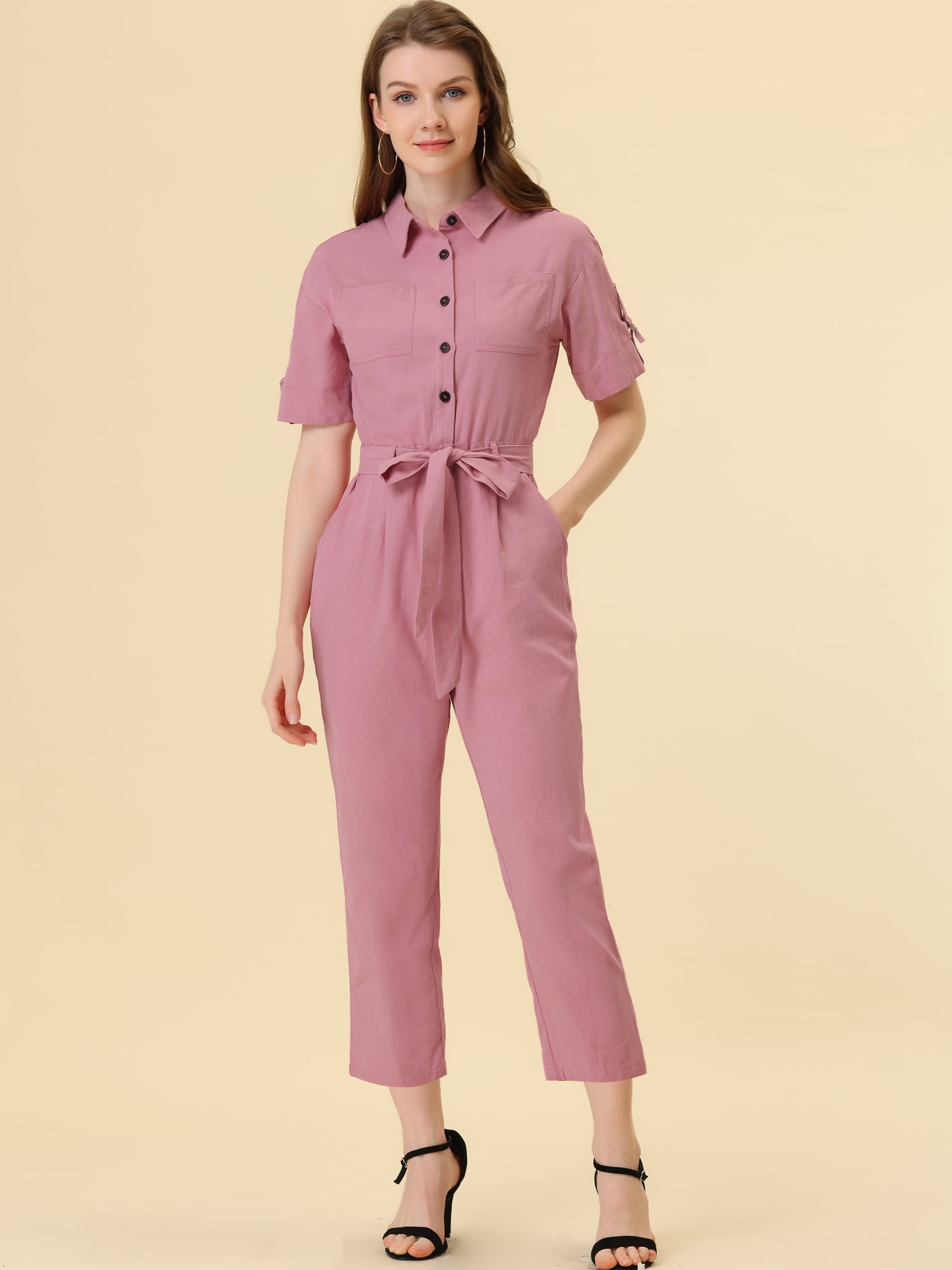 DARING DIVA Women's Button Up Tie Waist Jumpsuit with Pockets L Pink