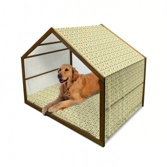 Fruits Pet House, Apple and Pears Food Botany Fresh Healthy Garden Yummy Theme, Outdoor & Indoor Portable Dog Kennel with Pillow and Cover, 5 Sizes, Hunter Green Yellow, by Ambesonne