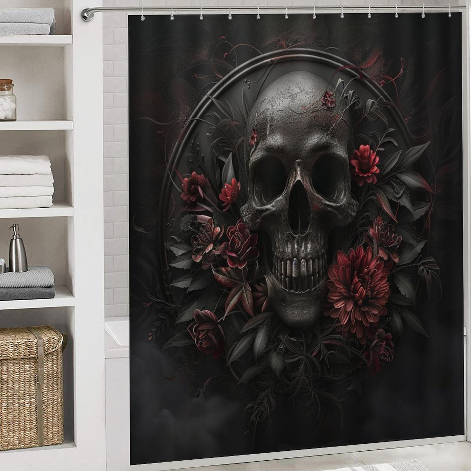 Dark Skull Flower 4 Pcs Bathroom Shower Curtain Set, Bathroom Sets with Rugs (Bath Mat, U Shape and Toilet Lid Cover Mat) and 12 Hooks,