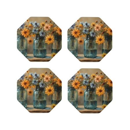 

Tideii Charming Daisy Bouquet Art for Leather Coasters 4 Pieces Anti-fouling and Anti-scalding Decorative Coasters Suitable for Restaurants Kitchens Coffee Shops-Octagon