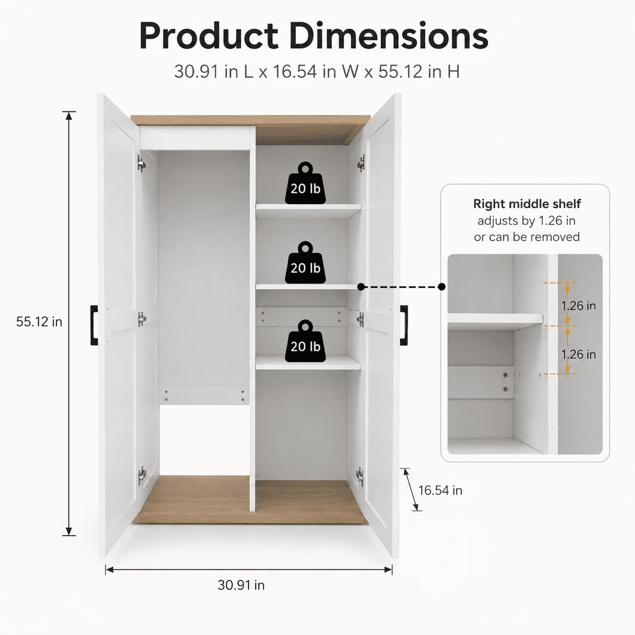 55.1-Inch Tall Vacuum Storage Cabinet with 2 Doors and Adjustable Shelf, Broom Closet Organizer and Cleaning Tool Cabinet for Garage, White