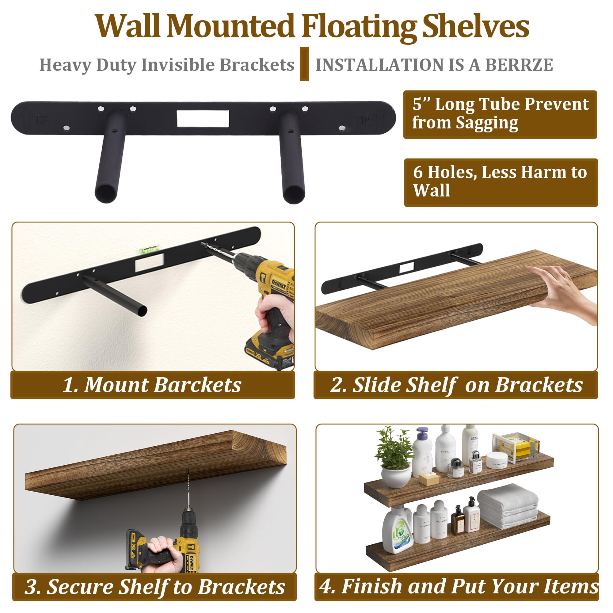 Floating Shelves for Wall Set of 2-Rustic Brown Solid Wood Wall Mounted Shelves,24" Long x 7" Deep x 1.6" Thick,Heavy Duty Shelving for Bedroom, Living Room, Kitchen, Bathroom (16inch)