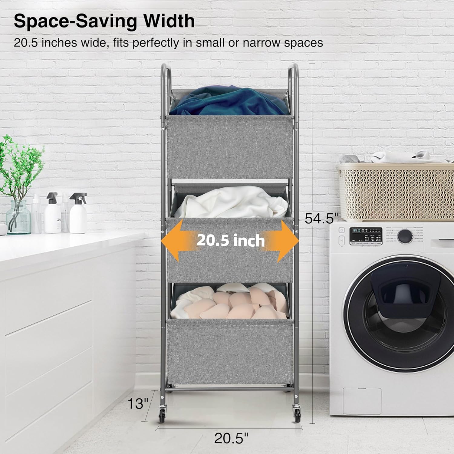 3-Tier Vertical Rolling Laundry Hamper with Removable Bags, 120L Stackable Laundry Sorter Basket, Clothes Hamper with Wheels for Small Spaces, Closet, Bedroom, Bathroom, Laundry Room, Gray