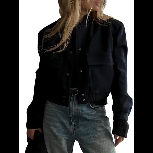 Chaqueta con Botones y Hombros Caídos para Mujer, Abrigo Corto y Prendas de Abrigo Negro M