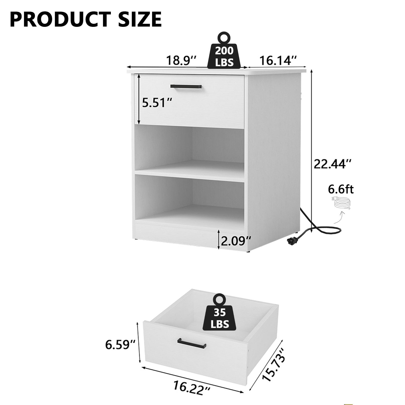 Hommoo Nightstand with Drawer and Open Storage, End Table Bedside Table with Charging Station, for Bedroom, Living Room, White