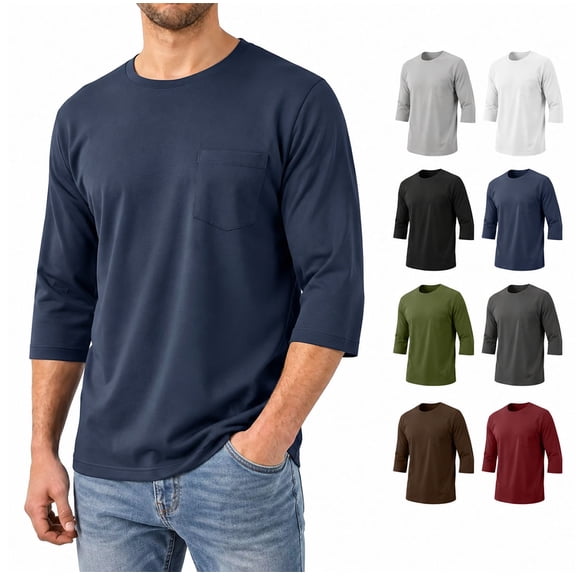 HAOTAGS Men’s 3/4-Sleeve Casual Pocket T-Shirt Round Neck Lightweight Layering Top for Fall/Winter Navy Size M