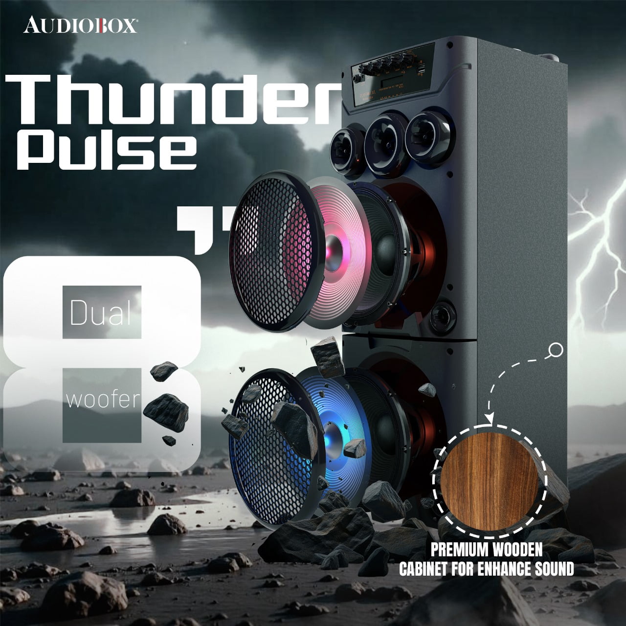 AudioBox ABX-8080R Dual 8" Bluetooth Portable Party Speaker with Wireless Microphones, LED Lights, FM Radio, USB, AUX, microSD, Karaoke Speaker
