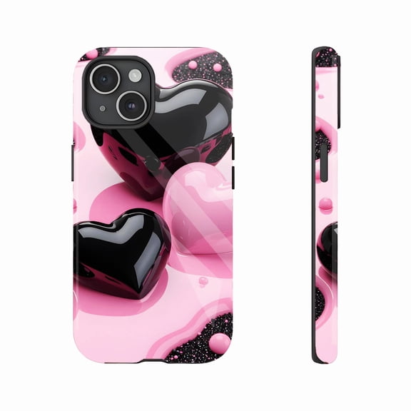 Heart - shaped Glossy iPhone Case for Couples Valentine’s Day Gift, Compatible with iPhone 11/12/13/14/15/16 (Pro Max/Plus) – Shiny Black Pink Love Heart Design