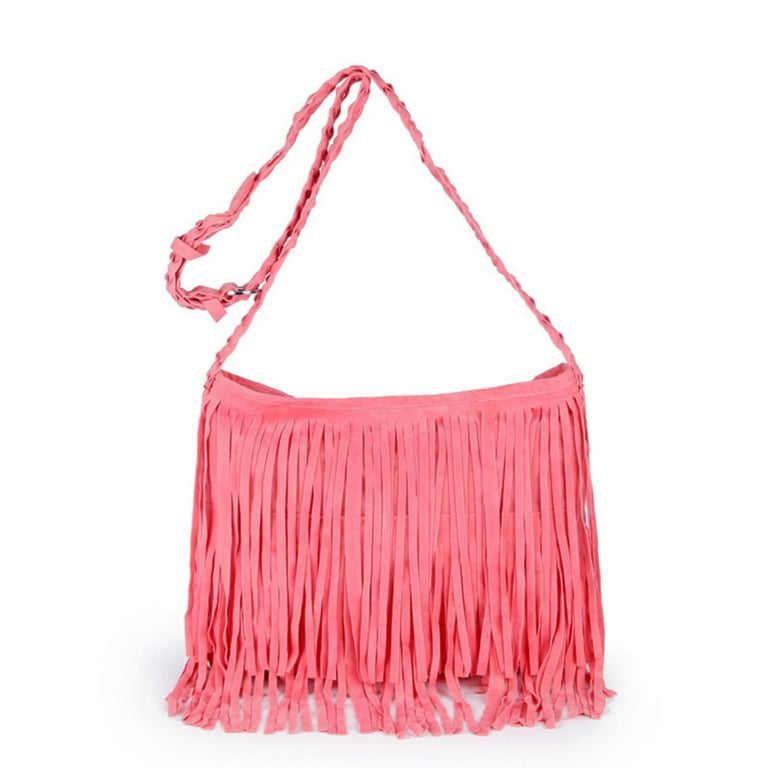 Denim Bag Fringed Boho Style Grey Bags For Women Fringe Leather Purses Pink  