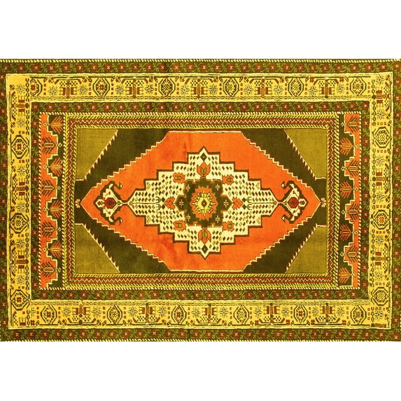Ahgly Company Machine Washable Indoor Rectangle Medallion Yellow Traditional Area Rugs, 5' x 8'