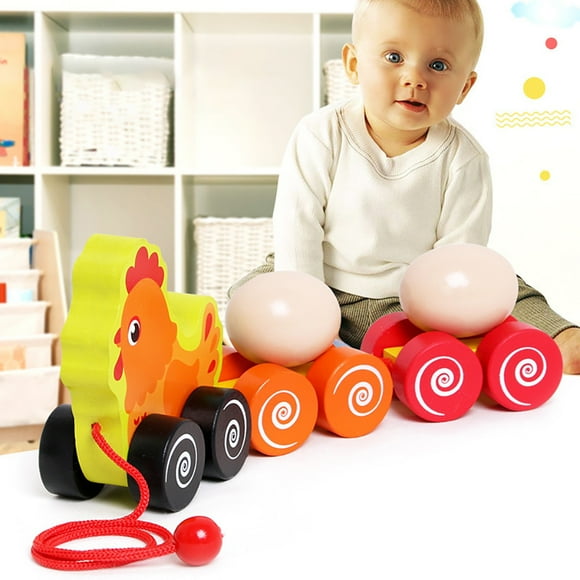 Wooden Pull Along Children's wooden hen pulling eggs toy cart For Toddler Toys Thick It