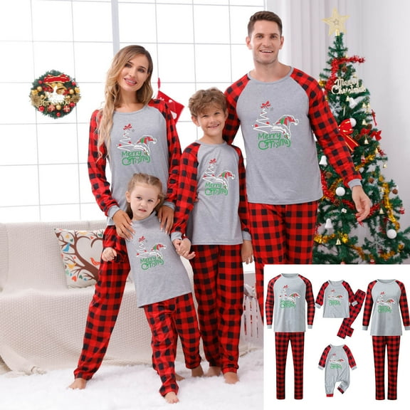 Odeerbi Christmas Pajamas for Family Holiday Long Sleeve Family Christmas Pajamas Matching Sets Dad Casual Printed Top with Bottom Outfits Home Wear Sleepwear Family Matching PJs Set Red
