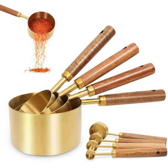 Gold Measuring Cups Set of 8,US Measurements with Metric and Fragrant Wood Handle,Stainless Steel Measuring Cups for Kitchen,Cooking,Baking,Dry & Liquid