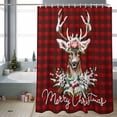 thumbnail image 2 of Christmas Elk Bathroom Shower Curtain Xmas Deer with Floral Snow Red Buffalo Plaid Waterproof Washable Shower Curtains for Bathtub Bath Decor with Grommets and Hook 72 X 84 Inch, 2 of 8