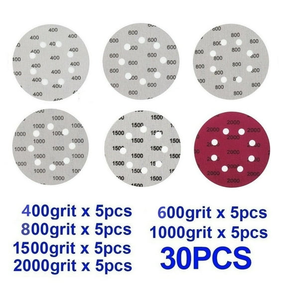 30pcs 5 Inch 8 Hole Sanding Discs Hook & Loop Wet Dry Sandpaper 400-2000 Grit