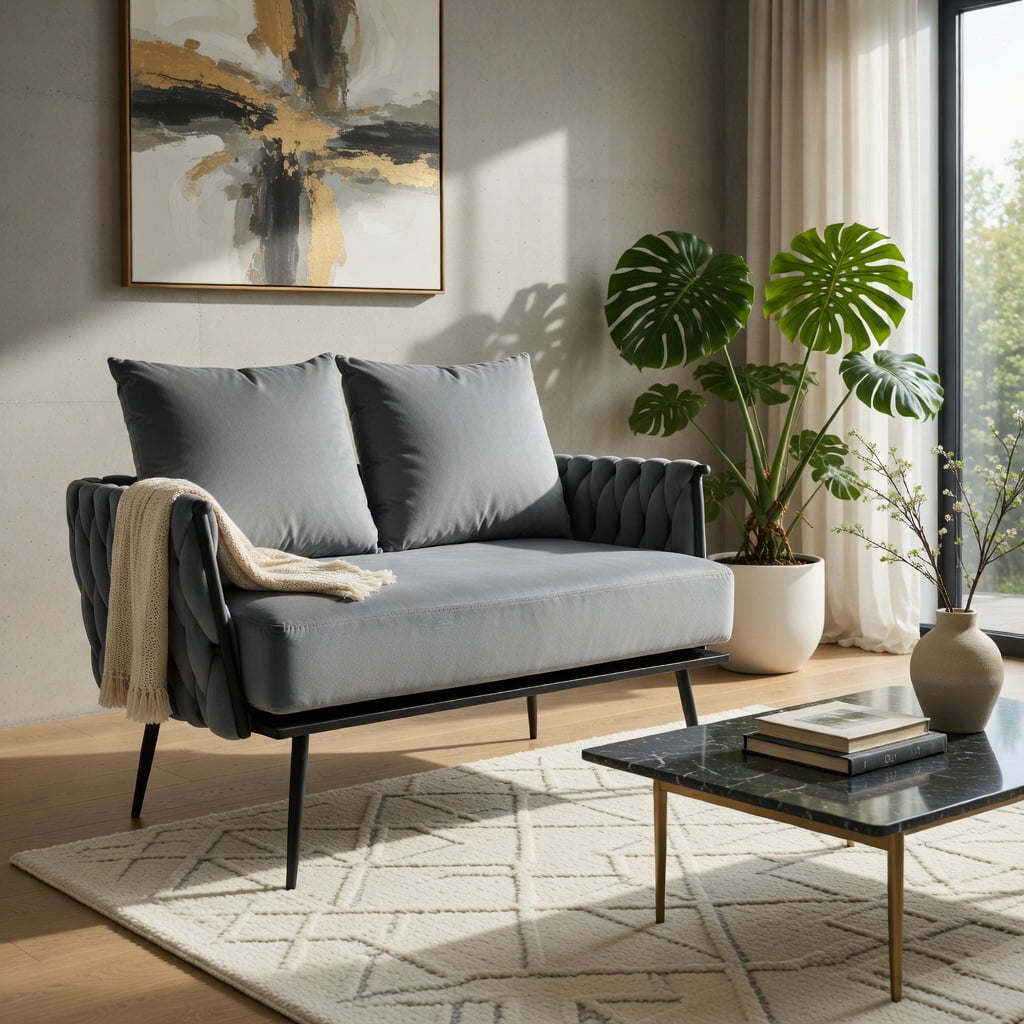 Hommoo Modern Dutch Velvet Loveseat Sofa, Compact 2-Seater Upholstered Couch with Removable Cushions & Metal Legs for Living Rooms, Bedrooms, Apartments, Gray