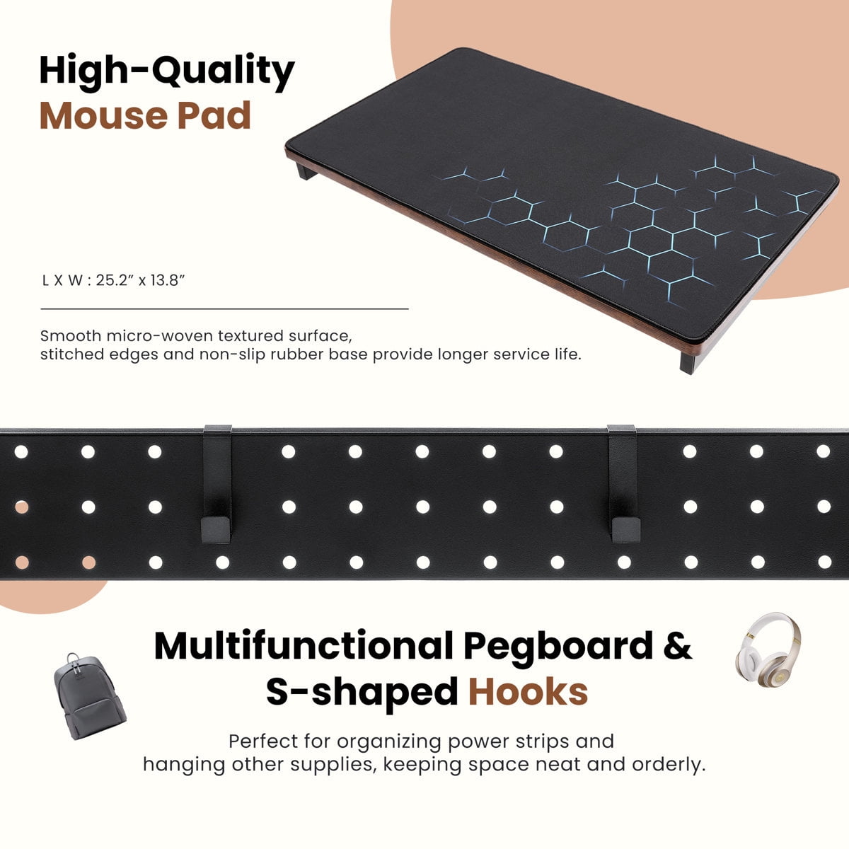 JIOABL Height Adjustable 2-Tier Computer Tower Stand with Folding Panel, Wheels, Pegboard & Mouse Pad, Rust