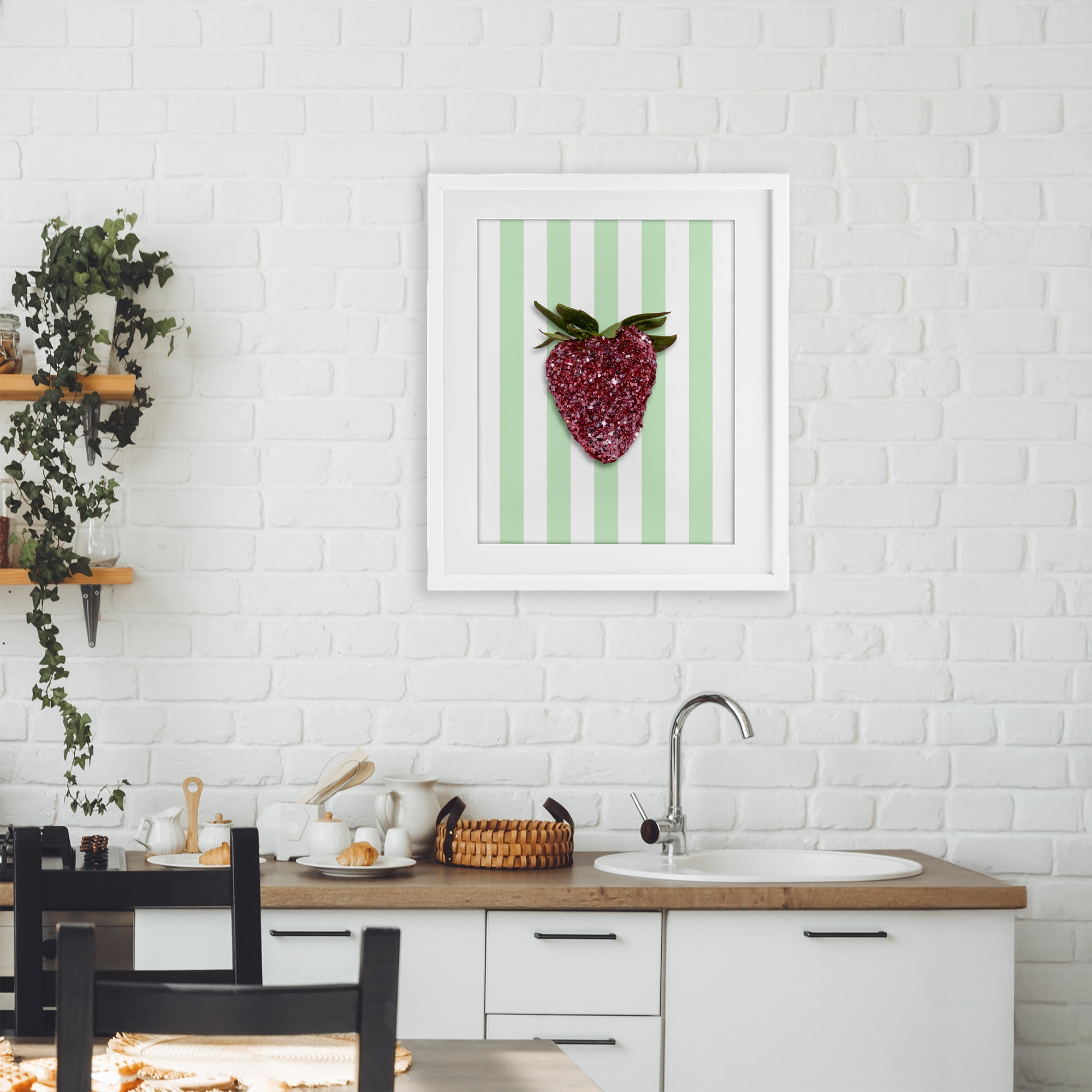 Stupell Industries Glimmer Cherry on Green Stripes White Framed Print Under Glass, design by LISH Creative