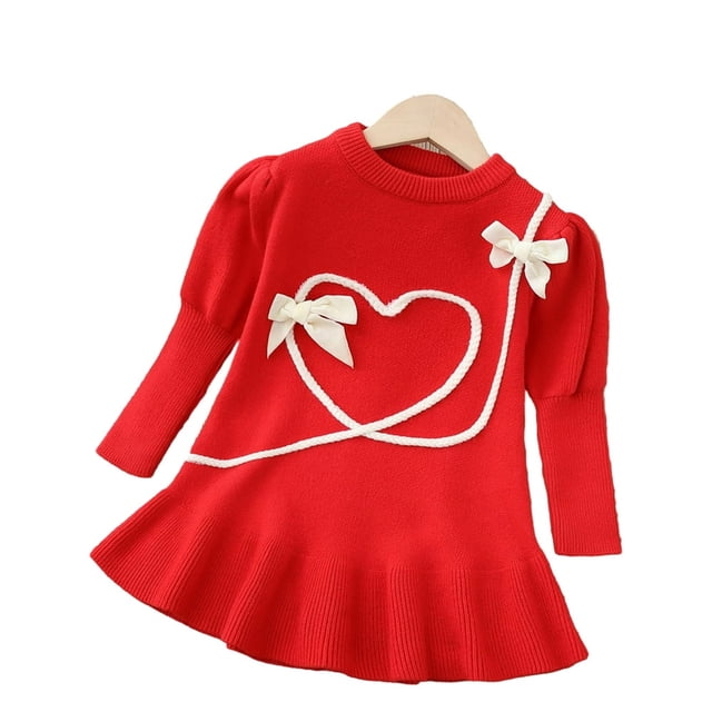 Robe d'Amour pour Bébés et Tout-Petites Filles, Robe Chandail Automne Hiver, Doux Vent, Nœud, Col Ras du Cou, Robes Décontractées pour 1-5 Ans