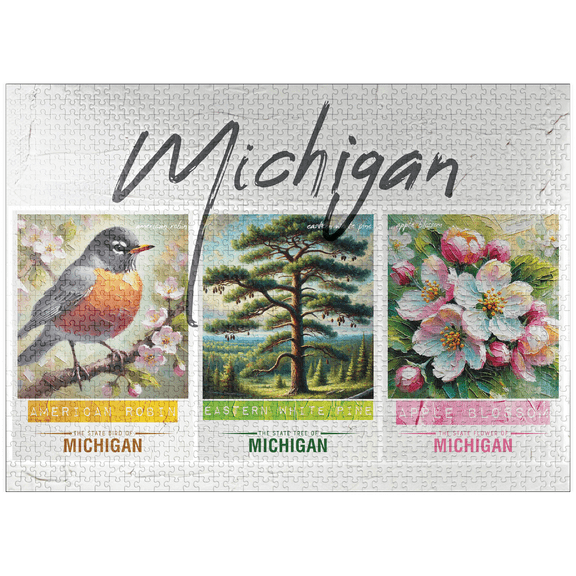 MyPuzzle - Michigan: Bird, Tree, Flower- State Symbols Collage Series - Premium 1000 Piece Jigsaw Puzzle for Adults