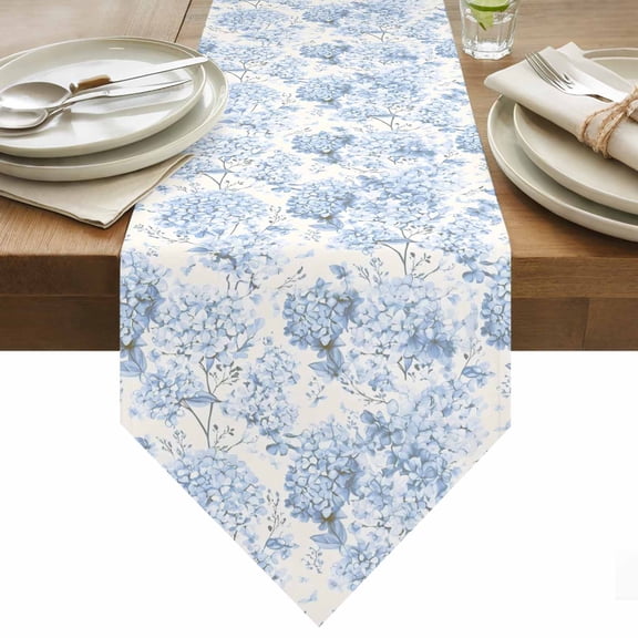 Table Runner 13x72 Inches Long Blue Hydrangea Runner for Table Spring Flower Leaf Table Runners Cotton Linen Dresser Scarf for Kitchen Holiday Party Home Decor Inndoor Outdoor