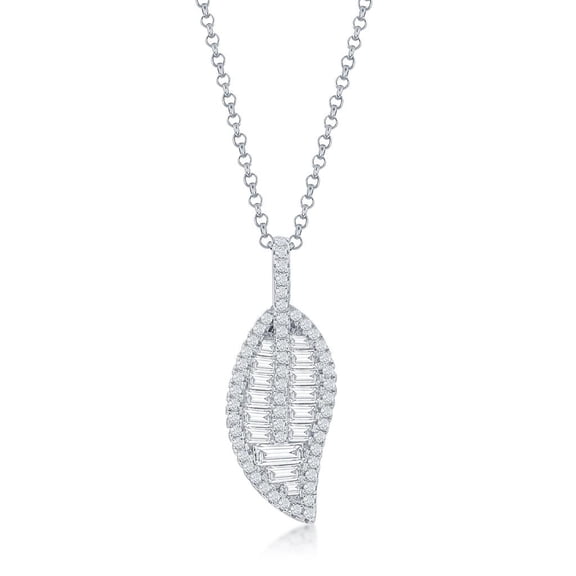 Beaux Bijoux Round and Center Baguette Created White Diamond CZ Leaf Design 18” Necklace Sterling Silver jewelry for Women or Teens