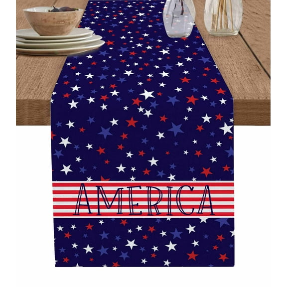 Table Runner Dresser Scarves 60 Inch Long,4th of July Patriotic Star on Navy Blue Linen Dining Table Runners America Word Red White Stripe Tabletop Scarf for Wedding Holiday Party Kitchen
