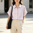 thumbnail image 5 of BODOAO Women's Striped Button Down Shirt, Oversized Short Sleeve Collared Blouse with Chest Pocket, Cuffed Sleeves, Drop Shoulders and Curved High Low Hem for Summer Office Wear Pink M, 5 of 5