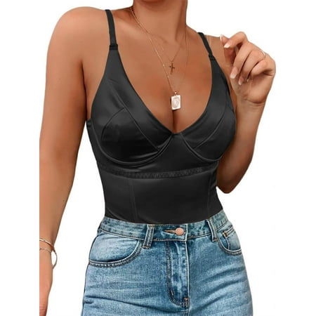 

Women s Sexy Corset Top Deep V Neck Satin Bodysuit Going Out Tank Tops Black S