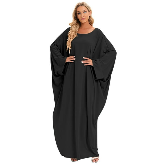 IBTOM CASTLE Muslim Dresses for Women, Long Sleeve Eid Islamic Prayer Jilbab Khimar Cardi Robe Middle East Maxi Abaya Dress Black&hijab