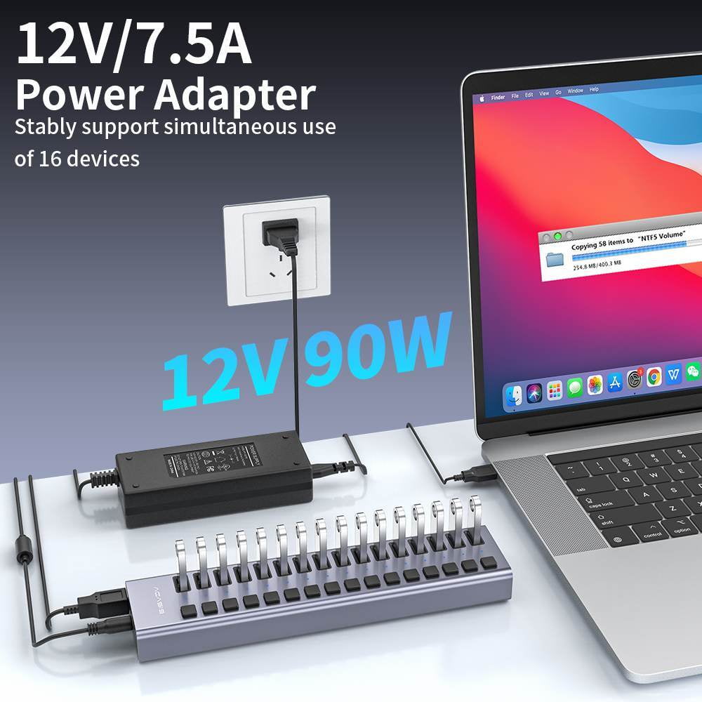 ACASIS 16 Ports 90W USB 3.0 Hub, Aluminum Housing, Individual Switches, 12V/7.5A Adapter, 5Gbps Speed
