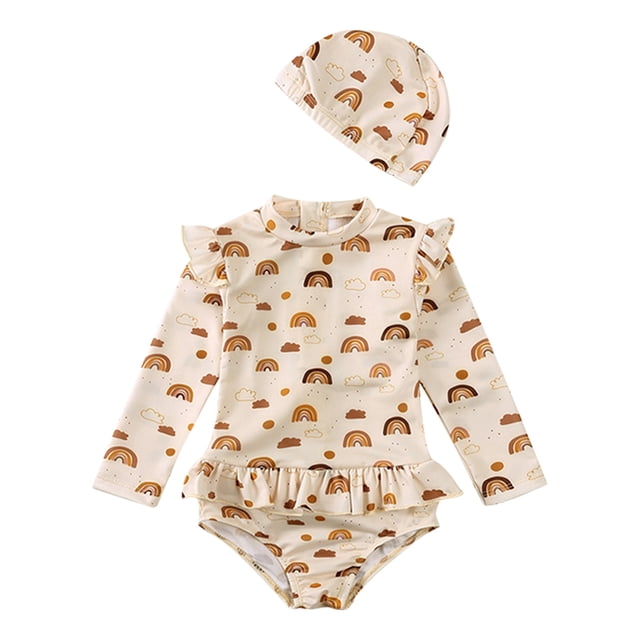 Toddler Girls Rompers Summer Quick Dry Rash Guard Bathing Suit Allover Long Sleeve Sunscreen Swimwear Ruffles Onesie Jumpsuits Coffee Soft New Born Clothes 3-4T