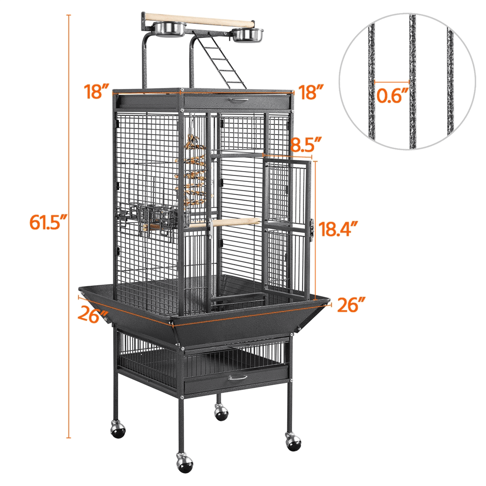 Renwick 61.5" Rolling Metal Bird Cage with Playtop, Black