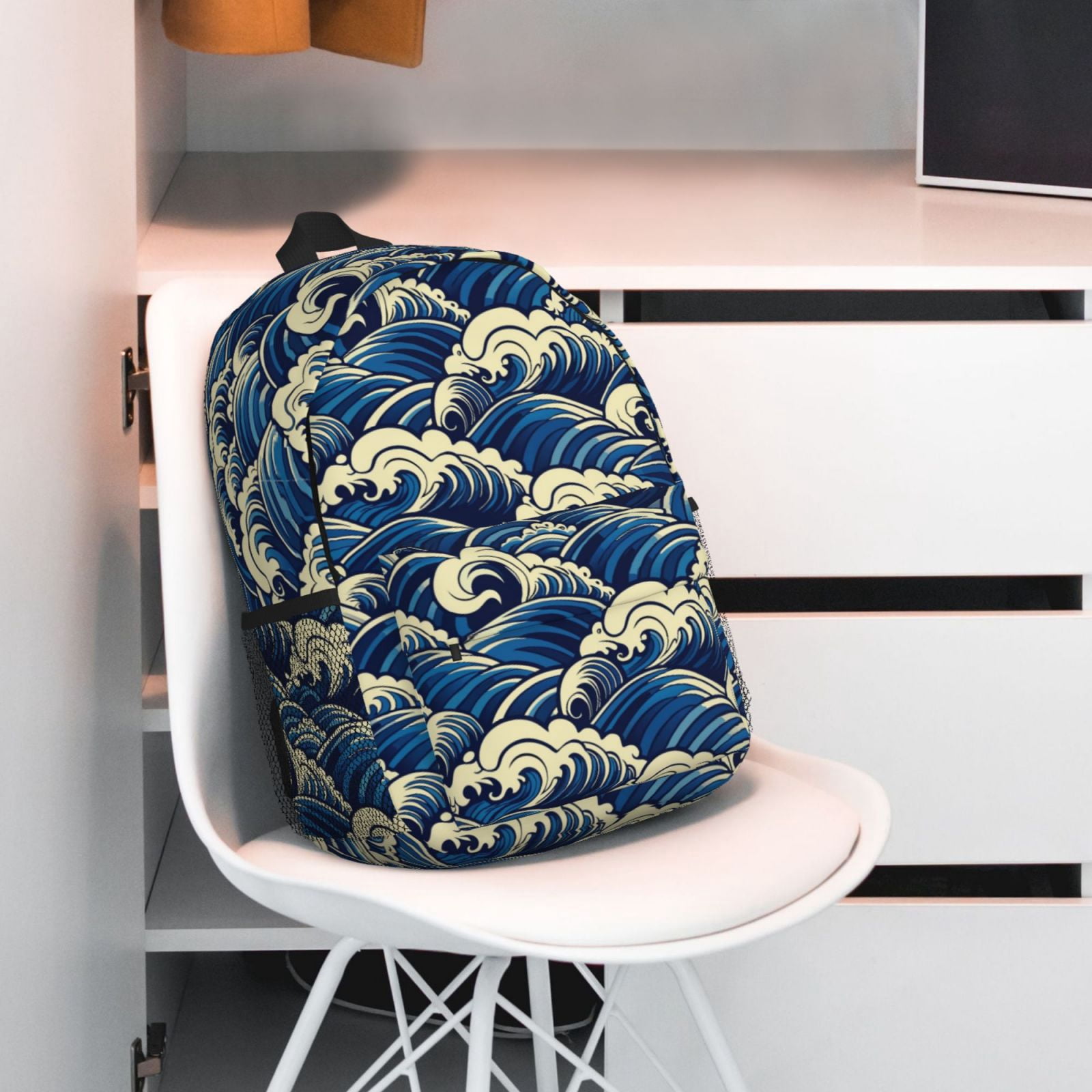 Rateoe Japanese Water Wave Pattern Student Backpack Water-resistant Backpack 15-inch Laptop Backpack Lightweight Adjustable School Backpack