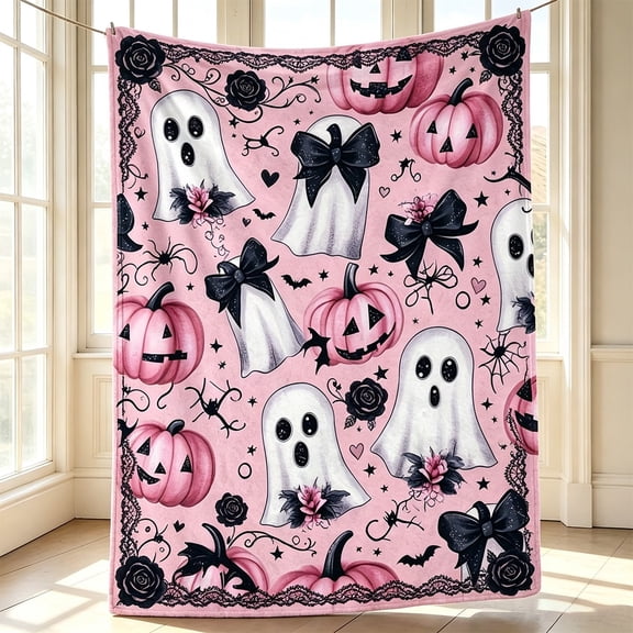 Halloween Ghost Pumpkin Rose Throw Blanket for Couch or Bed, Soft Flannel Decor Cover, Washable Blanket for Holiday Use.