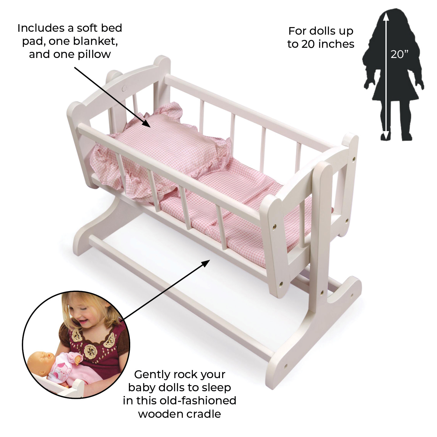 Badger Basket Heirloom Style Doll Cradle with Bedding - White/Pink - image 3 of 8