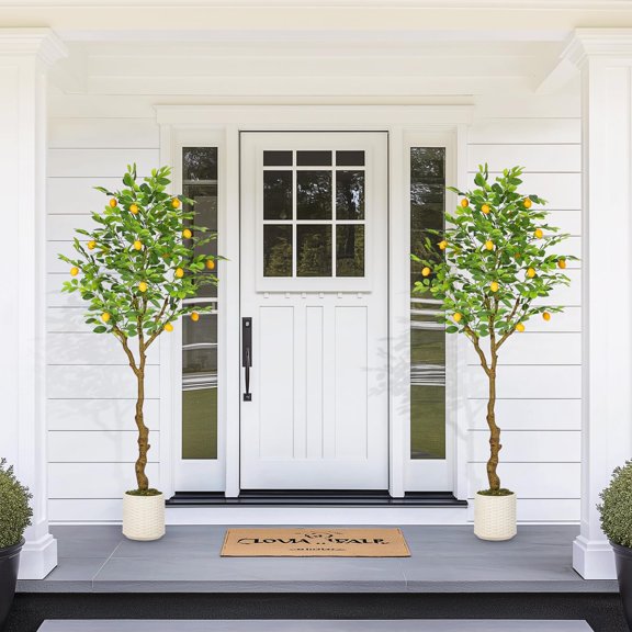 6FT Artificial Lemon Tree Indoor, Pre Potted Faux Lemon Tree with Realistic Fruit and Lifelike Leaves, Fake Lemom Plant with 100 Lights for Indoor Home Decor Office Living Room