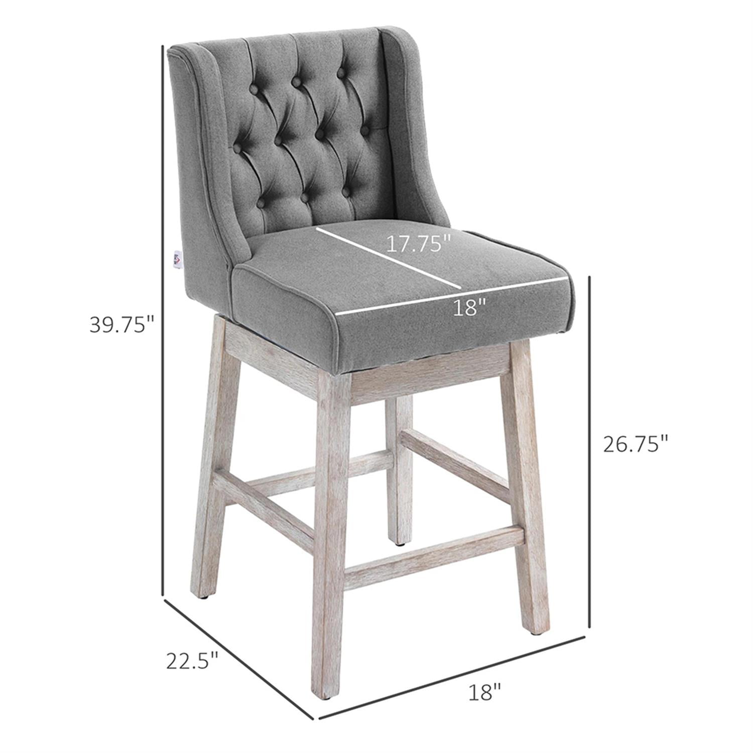 Demi Bonn 180 Degree Swivel Bar Stool Set of 2, Modern Cushioned Bar 27" Seat Height Stool with Linen Upholstery, Button Tufted Back and Solid Wood Legs, Gray