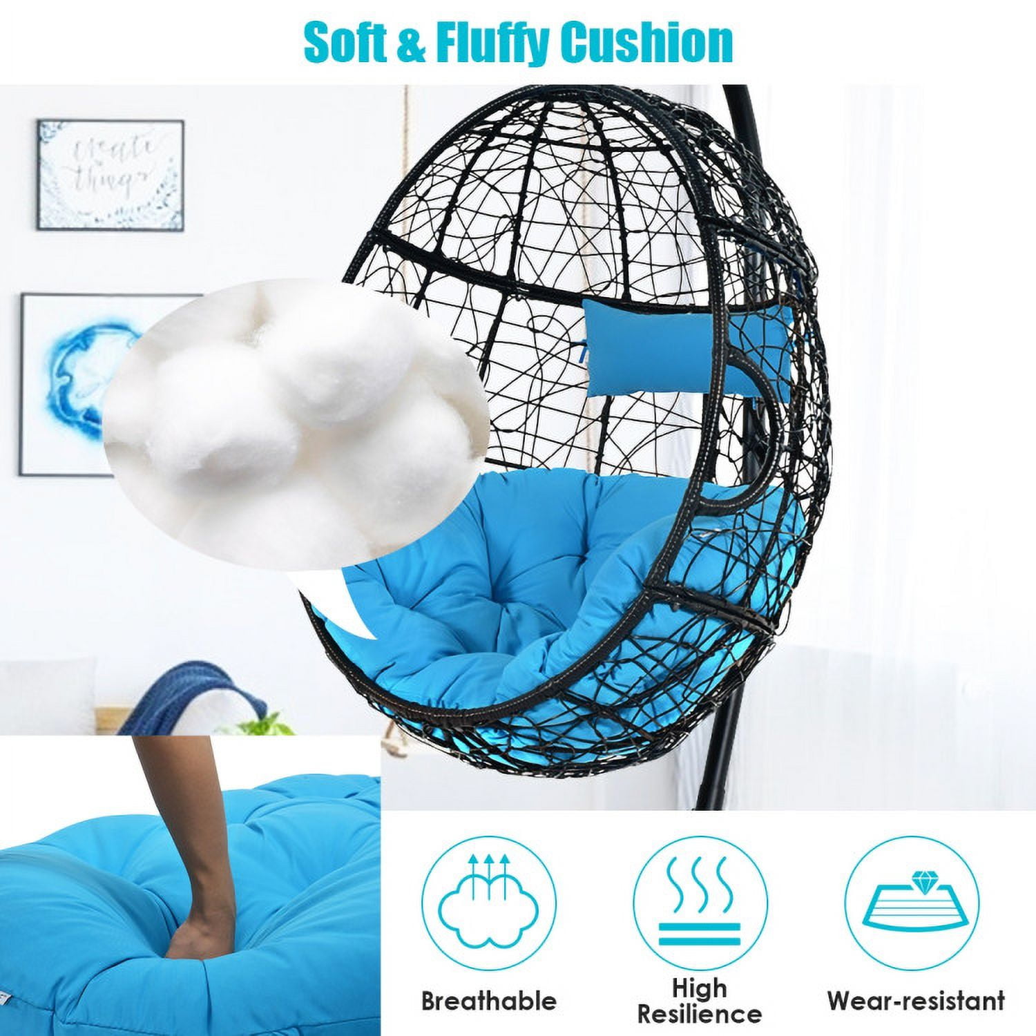 Aimee Lii Hanging Cushioned Hammock Chair with Stand, Patio Swing Chair, Blue