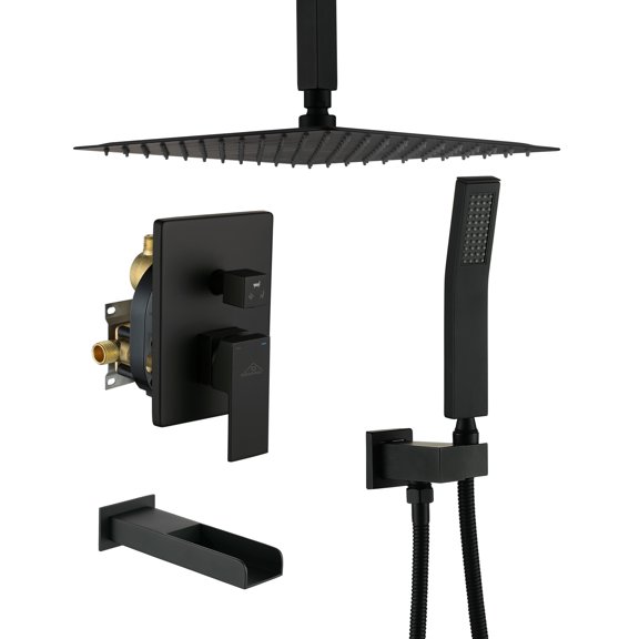 CASAINC Single-Handle 1-Spray Patterns 12 in. Ceiling Mount Tub and Shower Faucet in Matte Black (Valve Included)