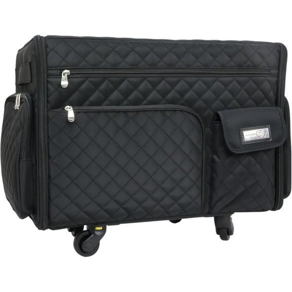 Everything Mary XL 4 Wheel Collapsible Rolling Sewing Machine Storage Case, Black Quilted