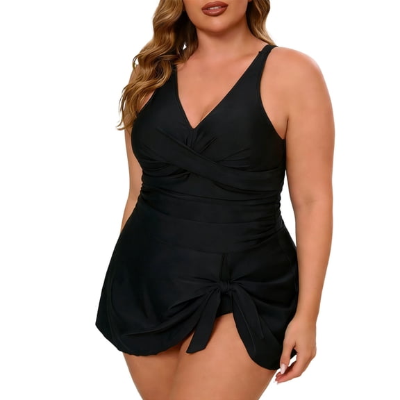 YUEHUA Women's Plus Size Bathing Suit One-Piece Swim Dress Swimsuits Ruffle V Neck Swimwear